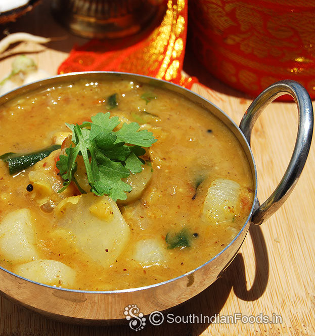 One pot radish sambar ready, serve hot with rice, idli or dosa